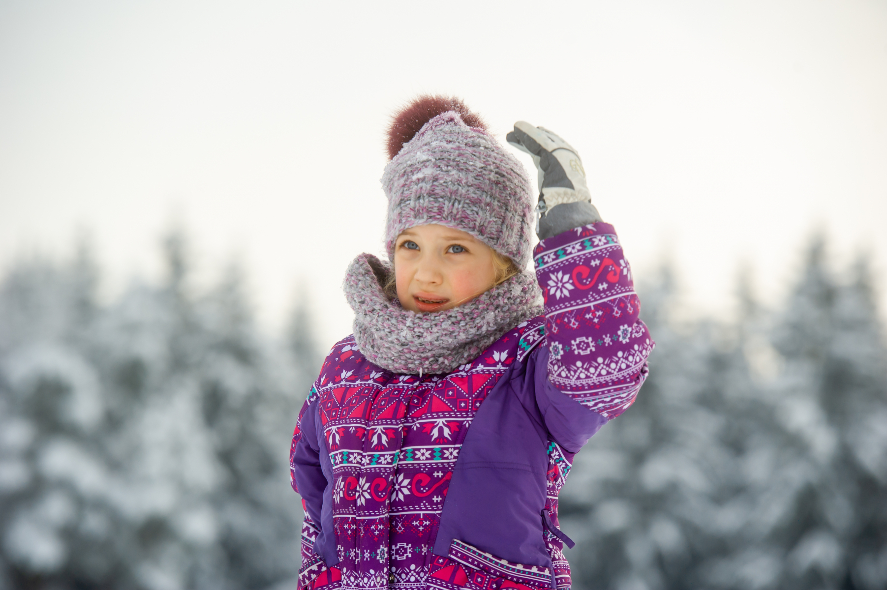 50778422 A Little Girl In Winter In Purple Clothes Walks Through