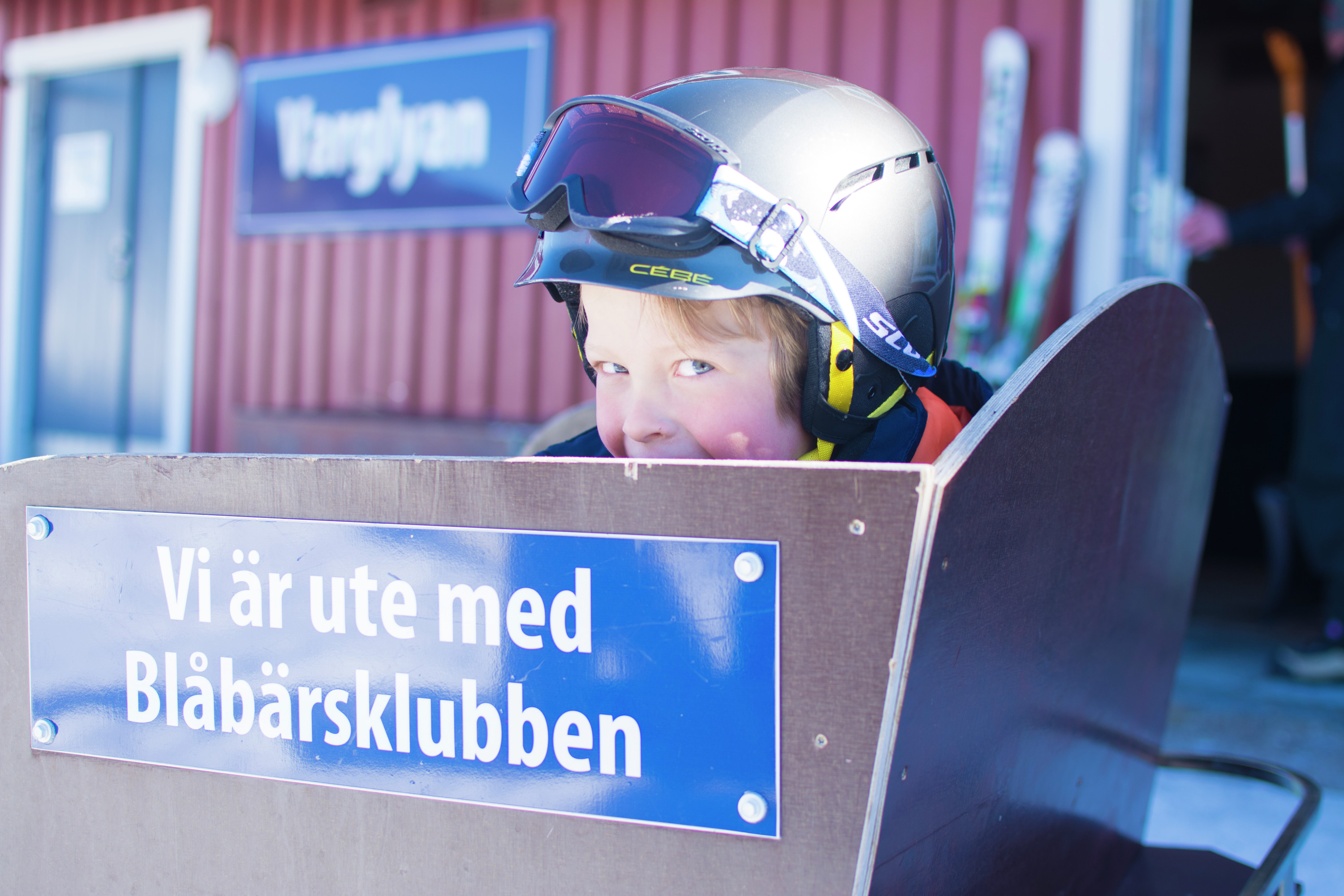 Pojke som sitter i en kälke på väg ut på aktivitet med Blåbärsklubben i Orsa Grönklitt