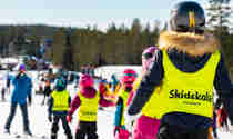 Slalomåkande barn på led i skidskola