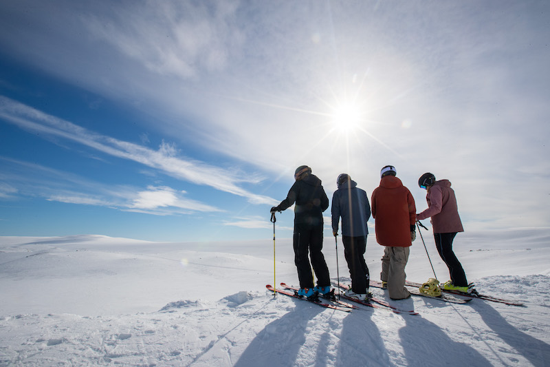 Kompisgäng som åker skidor står på fjället och njuter av utsikten över Tänndalen