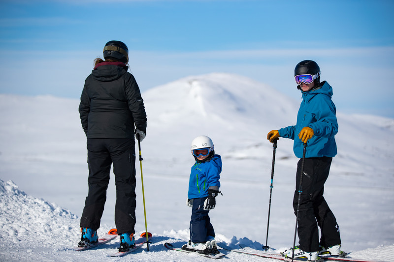 Familj på slalomskidor som tittar ut över fjäll